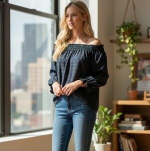 Talbots Navy and Green Plaid Off-Shoulder Blouse